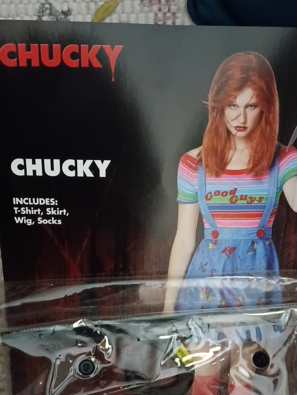Spirit Chucky Women's Rainbow Stripe T-Shirt & Blue Denim Pinafore Costume
